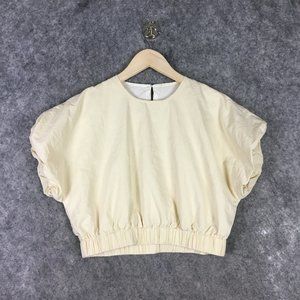 Dazy Top M Crop Top Bubble Puff Sleeve 100 Cotton Keyhole Elastic Waist Cream